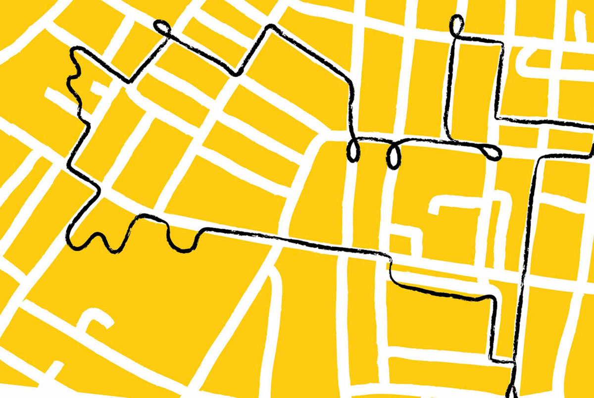 Auf gelbem Grund ist ein Wegeplan mit weißen Linien gezeichnet und ein Weg in Schwarz markiert